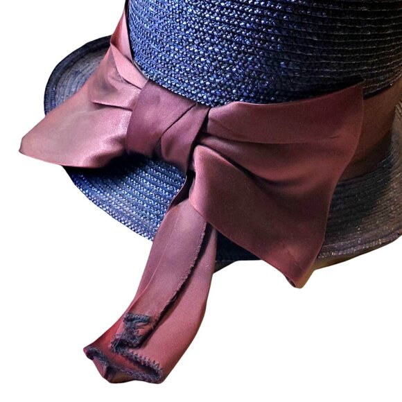 Vintage Straw Hat Blue Bowler Faded Purple Satin Ribbon - Picture 7 of 10